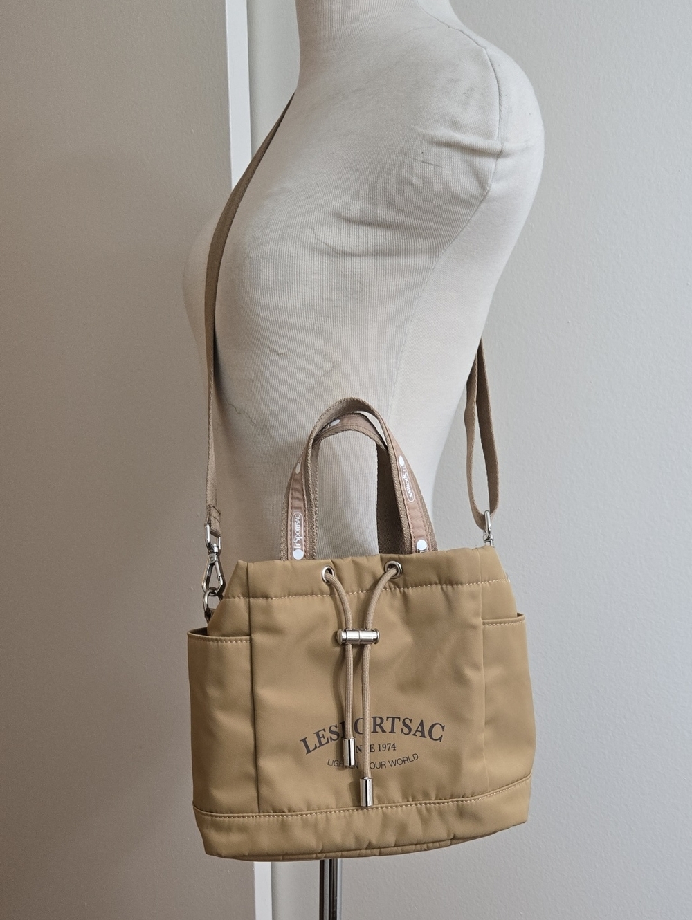 Lesportsac Beige/Taupe Crossbody Drawstring Mini Tote